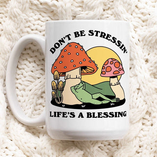 'Don'T Be Stressin' Colorful Mushroom Frog Mug - Mugs - Kinder Planet Company